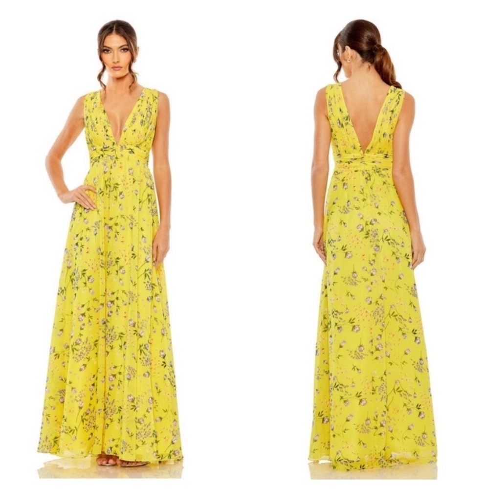 Ieena MacDuggal 56011 Floral Maxi Dress Gown sz: 4 Yellow Formal Wedding Prom